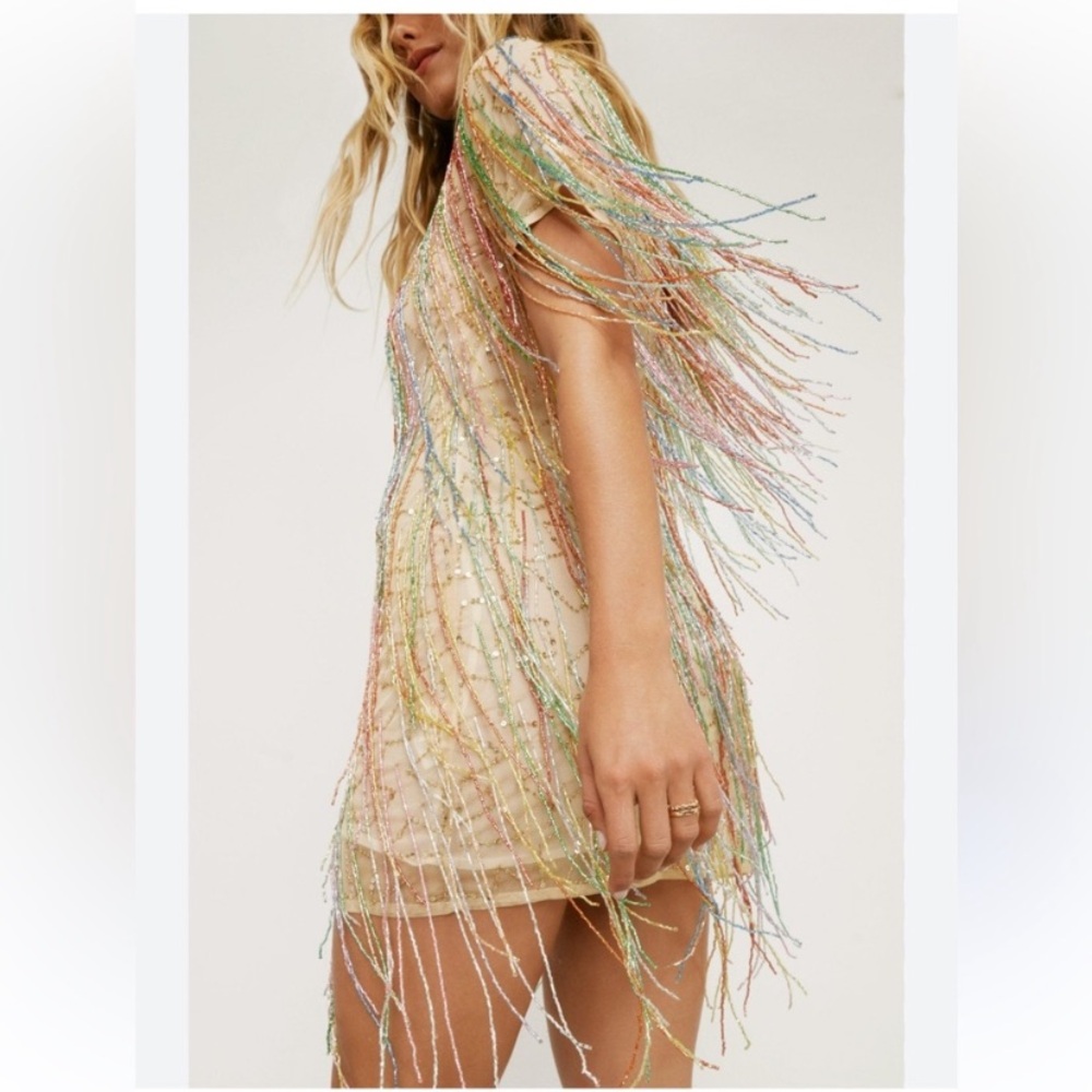 Nasty Gal Fringe Beaded Mini Dress Size 6